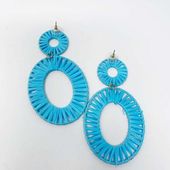 BaubleBar Teal Blue Mini Kiera Raffia Earrings Round Oval Drop Statement Boho - Picture 4 of 6